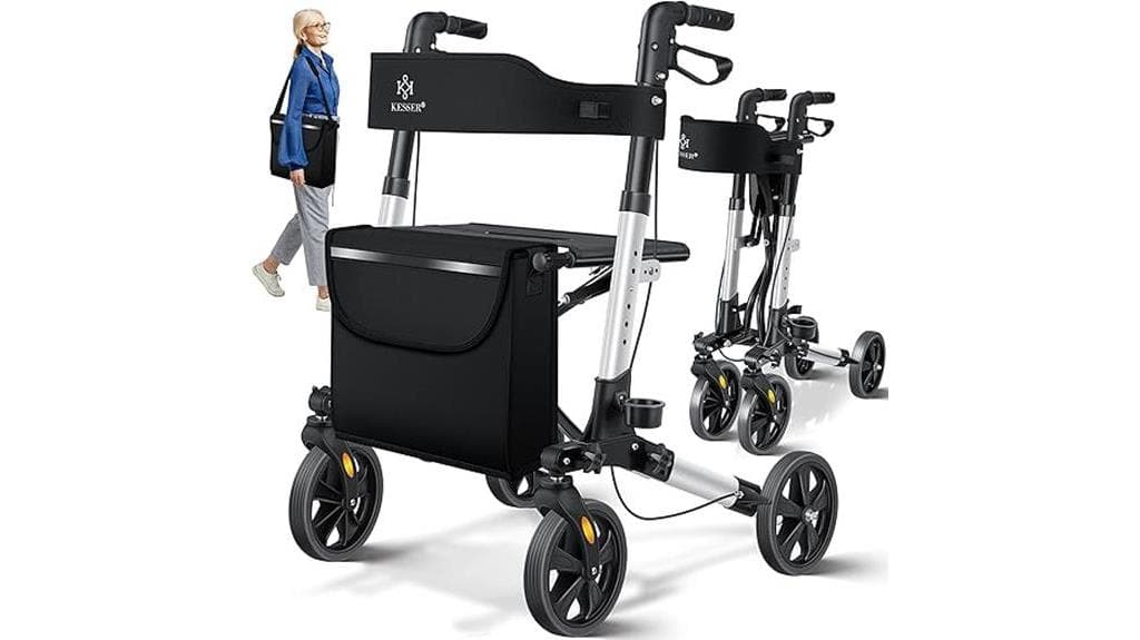 Der KESSER Rollator Aluminium, ein kompakter schwarzer Gehwagen mit Sitz und Aufbewahrungstasche, überzeugt als zuverlässiger Begleiter. Eine Frau mit Handtasche geht daneben und verkörpert aktive Mobilität und Komfort.