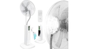 Der weiße oszillierende Standventilator von Kesser verfügt über eine Fernbedienung, eine digitale Anzeige und einen Wassertank. Dieser elegante Standventilator wird aus mehreren Blickwinkeln präsentiert und kombiniert Funktionalität mit frostiger Eleganz.