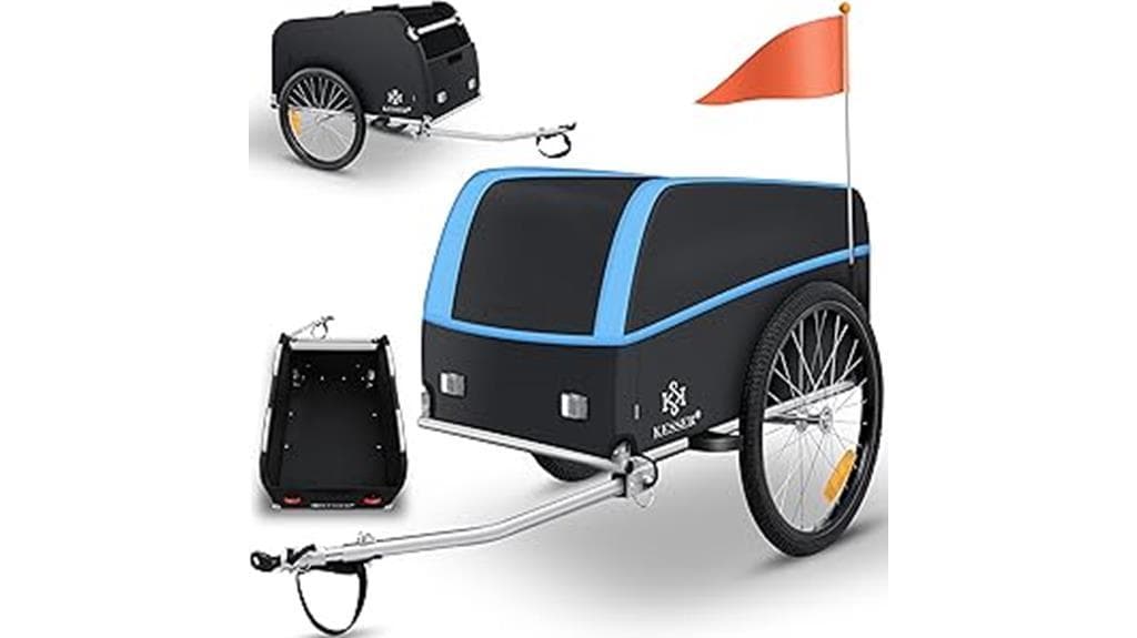 Fahrradanhänger mit schwarz-blauem Design, zwei Rädern, einer Schutzabdeckung und einer orangefarbenen Sicherheitsflagge. Dieser Fahrradanhänger ist ideal für den Transport von Ausrüstung bei Ihrem nächsten Testlauf. Er sorgt für einen reibungslosen Transport und fällt mit seinem eleganten Aussehen auf.