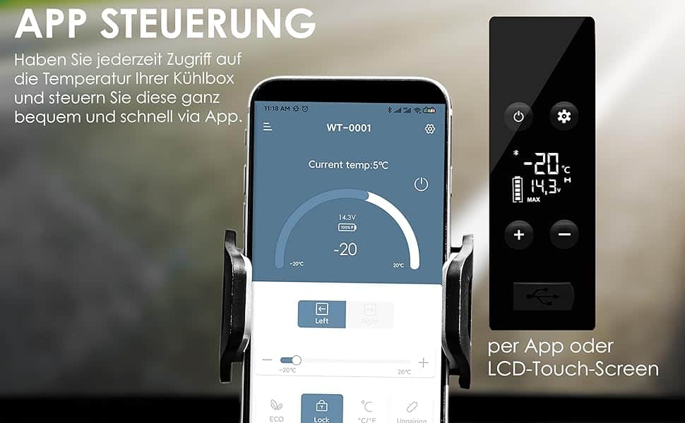 Smartphone mit einer Kühl-App-Oberfläche und einem separaten LCD-Touchscreen, der die App-basierte Temperaturregelung einer Kompressor Kühlbox zeigt. Deutscher Text unterstreicht die Fernbedienung - ideal für die mobile Tiefkühltruhe in Ihrer Camping-Küche.