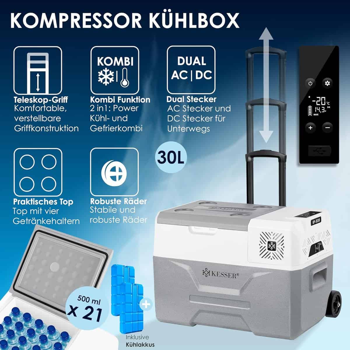 Eine tragbare 30-Liter-Kompressor-Kühlbox mit Teleskopgriff, zwei AC/DC-Stromversorgungsoptionen und Digitalanzeige, ideal für jede Camping-Küche. Abgebildet mit Kühlakkus, Wasserflaschen und hervorgehobenen Produktmerkmalen.