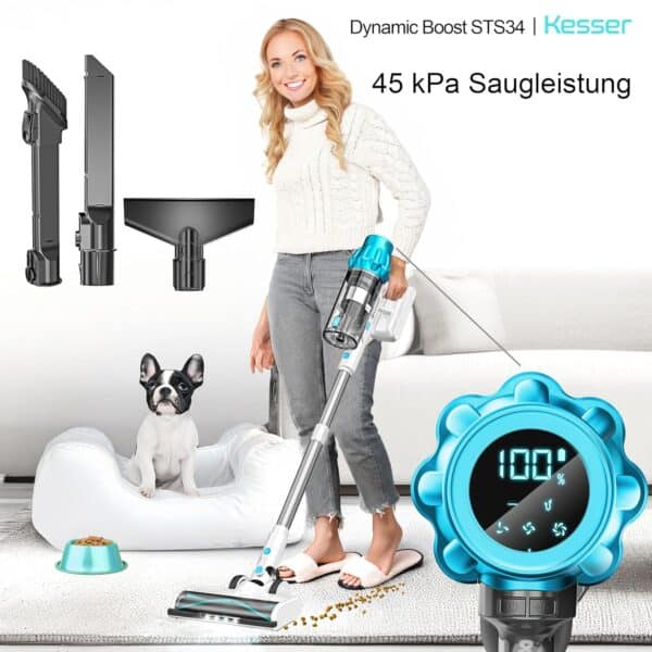 KESSER Akku-Staubsauger kabellos, 70 Min Laufzeit, leise, LED-Display, Anti-Tangle-Bürste