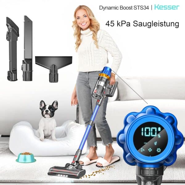 KESSER Akku-Staubsauger kabellos, 70 Min Laufzeit, leise, LED-Display, Anti-Tangle-Bürste
