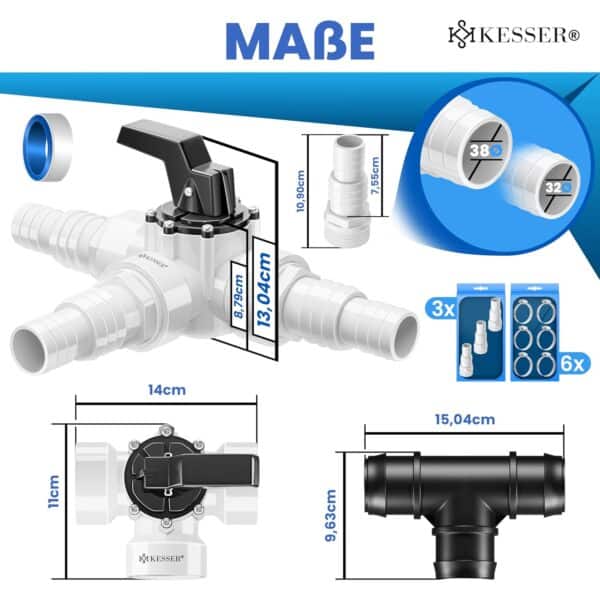 KESSER Bypass-Set Pool mit 3-Wege-Ventil, Ø32/38 mm Adapter, ideal für Sandfilteranlagen