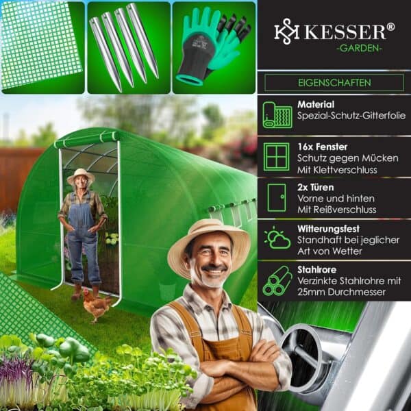 KESSER Folien-Gewächshaus | stabiler Stahlrahmen | 16 Fenster mit Netz | 170 g/m² Folie