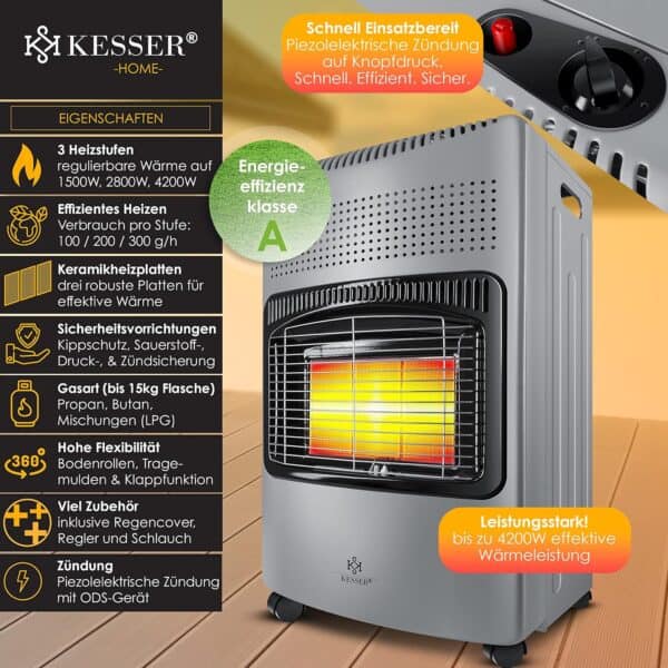 KESSER Gasheizer 4200W Keramikbrenner mit Gasdruckregler & Gasschlauch, Infrarot