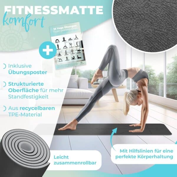 KESSER Gymnastikmatte TPE rutschfest, 183x61 cm – gepolstert mit Tragegurt