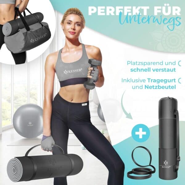 KESSER Gymnastikmatte TPE rutschfest, 183x61 cm – gepolstert mit Tragegurt