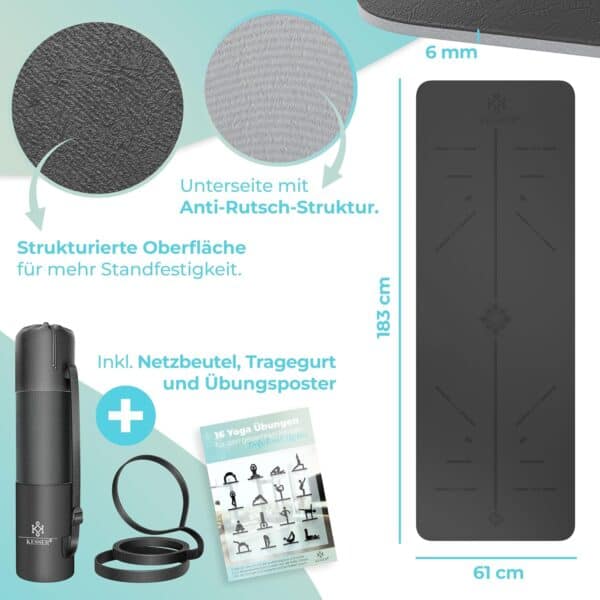 KESSER Gymnastikmatte TPE rutschfest, 183x61 cm – gepolstert mit Tragegurt
