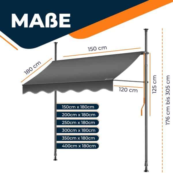 KESSER® Markise 200 cm | UV-Schutz | Höhenverstellbar | Klappbar für Terrasse und Balkon