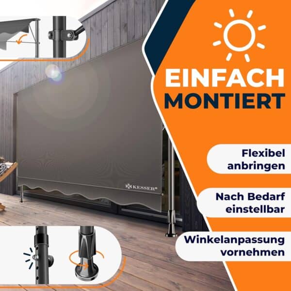 KESSER® Markise 200 cm | UV-Schutz | Höhenverstellbar | Klappbar für Terrasse und Balkon