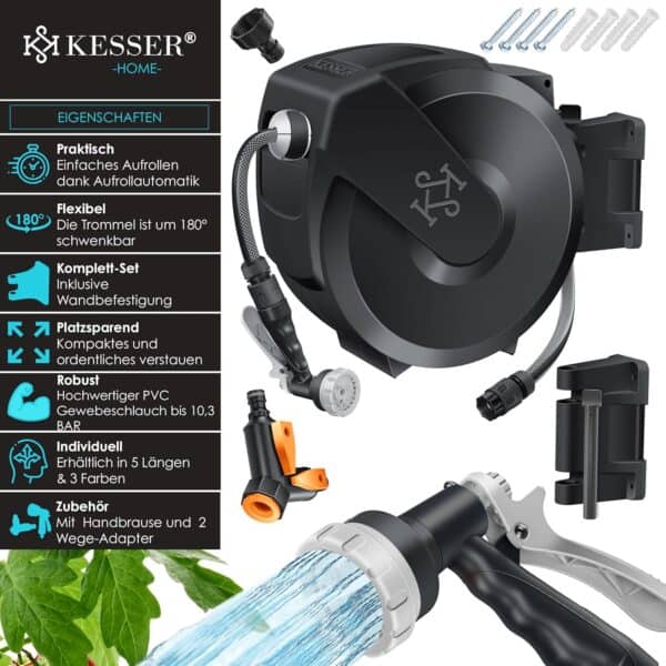 KESSER Schlauchtrommel 20m – Wandmontage, 180° schwenkbar, automatische Aufrollung