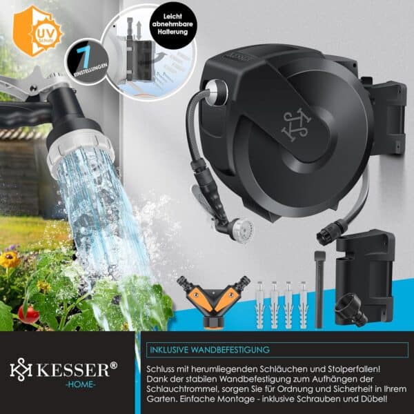 KESSER Schlauchtrommel 20m – Wandmontage, 180° schwenkbar, automatische Aufrollung
