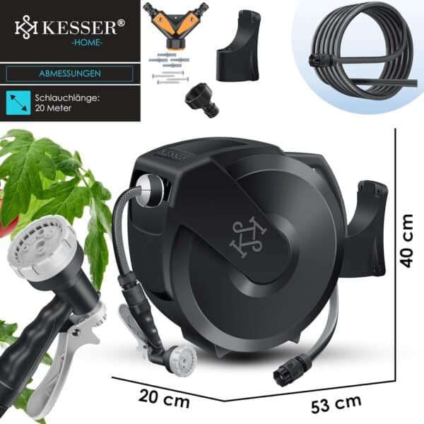 KESSER Schlauchtrommel 20m – Wandmontage, 180° schwenkbar, automatische Aufrollung