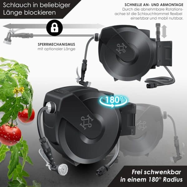 KESSER Schlauchtrommel 20m – Wandmontage, 180° schwenkbar, automatische Aufrollung