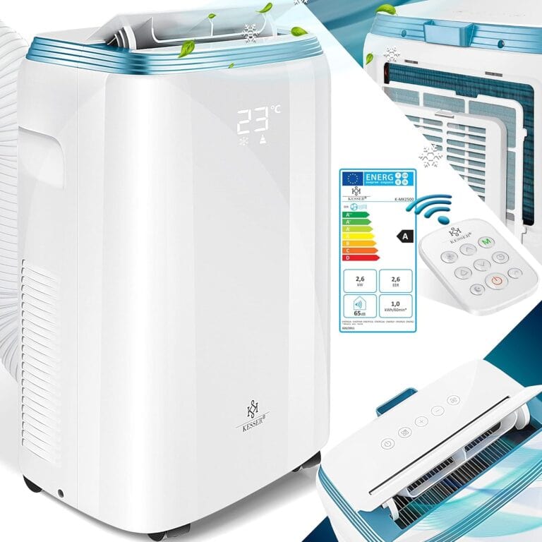 Weiße KESSER Mobile Klimaanlage mit Digitalanzeige, Fernbedienung, Energieetikett, Abluftschlauch und Filter - in Detailansichten dargestellt. Perfekt für jede Erfahrung - entdecken Sie den 4in1 Test-Vorteil!.