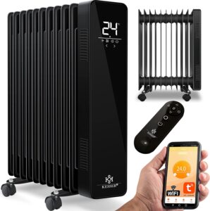 KESSER 2500 W Ölheizkörper mit digitaler Anzeige, Fernbedienung, Smartphone-App-Konnektivität und mehreren Lamellen, dargestellt aus verschiedenen Blickwinkeln.