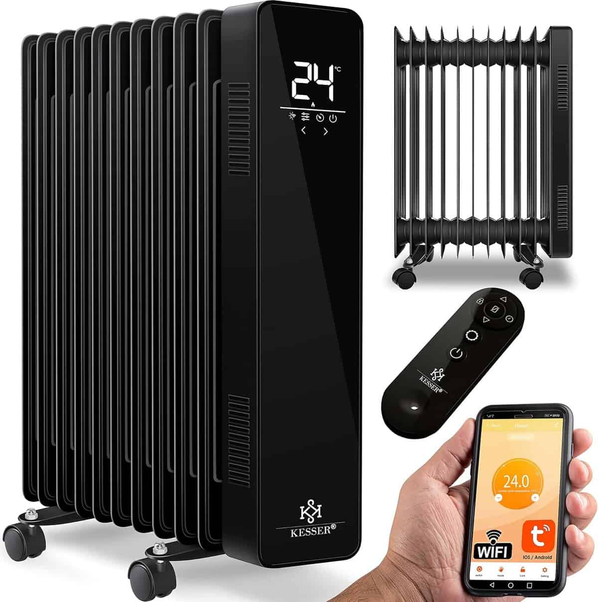 KESSER 2500 W Ölheizkörper mit digitaler Anzeige, Fernbedienung, Smartphone-App-Konnektivität und mehreren Lamellen, dargestellt aus verschiedenen Blickwinkeln.