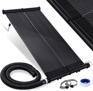 Schwarze Solar-Poolheizungsmatte mit angeschlossenem Schlauch, Anschlüssen, Klemmen und Teflonband, ideal als Solarkollektor Poolheizung, abgebildet auf weißem Hintergrund.