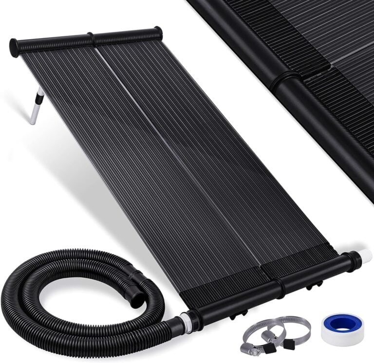 Schwarze Solar-Poolheizungsmatte mit angeschlossenem Schlauch, Anschlüssen, Klemmen und Teflonband, ideal als Solarkollektor Poolheizung, abgebildet auf weißem Hintergrund.