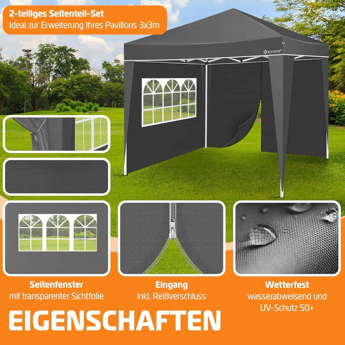 KESSER® 2 x Side Walls for Gazebo 3 x 3 m – Folding Gazebo Pop Up | Foldable | Space-Saving | Stowable | with Zip | Transparent Side Window | Weather Resistant | Gazebo Side...