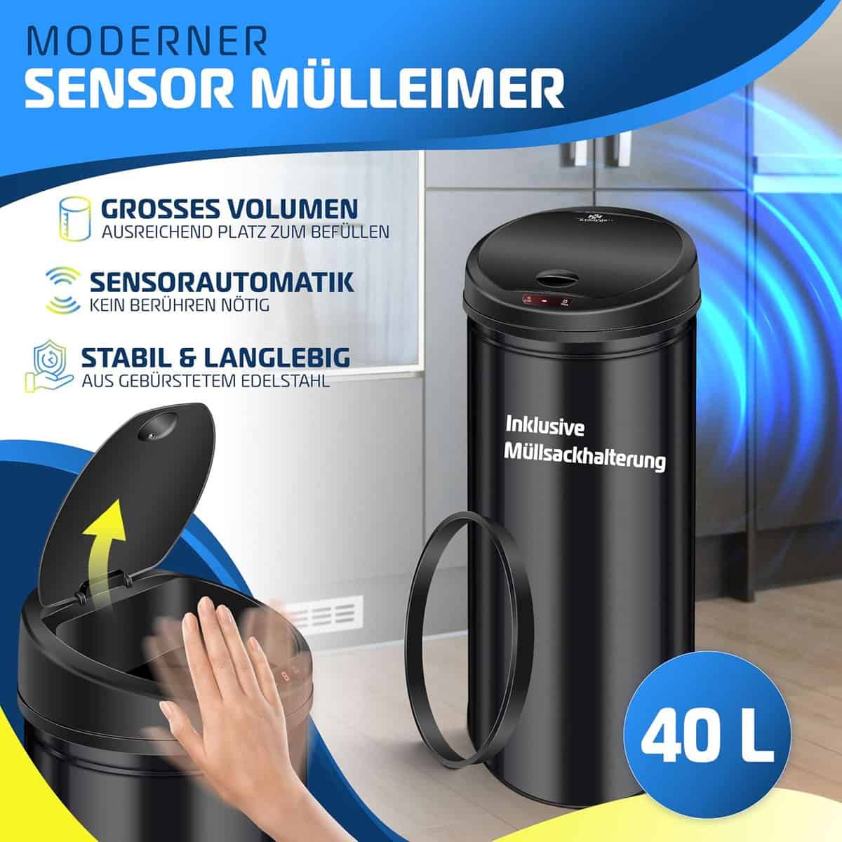 Der KESSER 40L Sensor Mülleimer verfügt über ein Gehäuse aus Edelstahl, einen sensorgesteuerten Deckel und einen integrierten Beutelhalter. Der in einer modernen Küche gezeigte Mülleimer bietet ein großes Volumen und eine freihändige Bedienung für eine mühelose Abfallentsorgung.