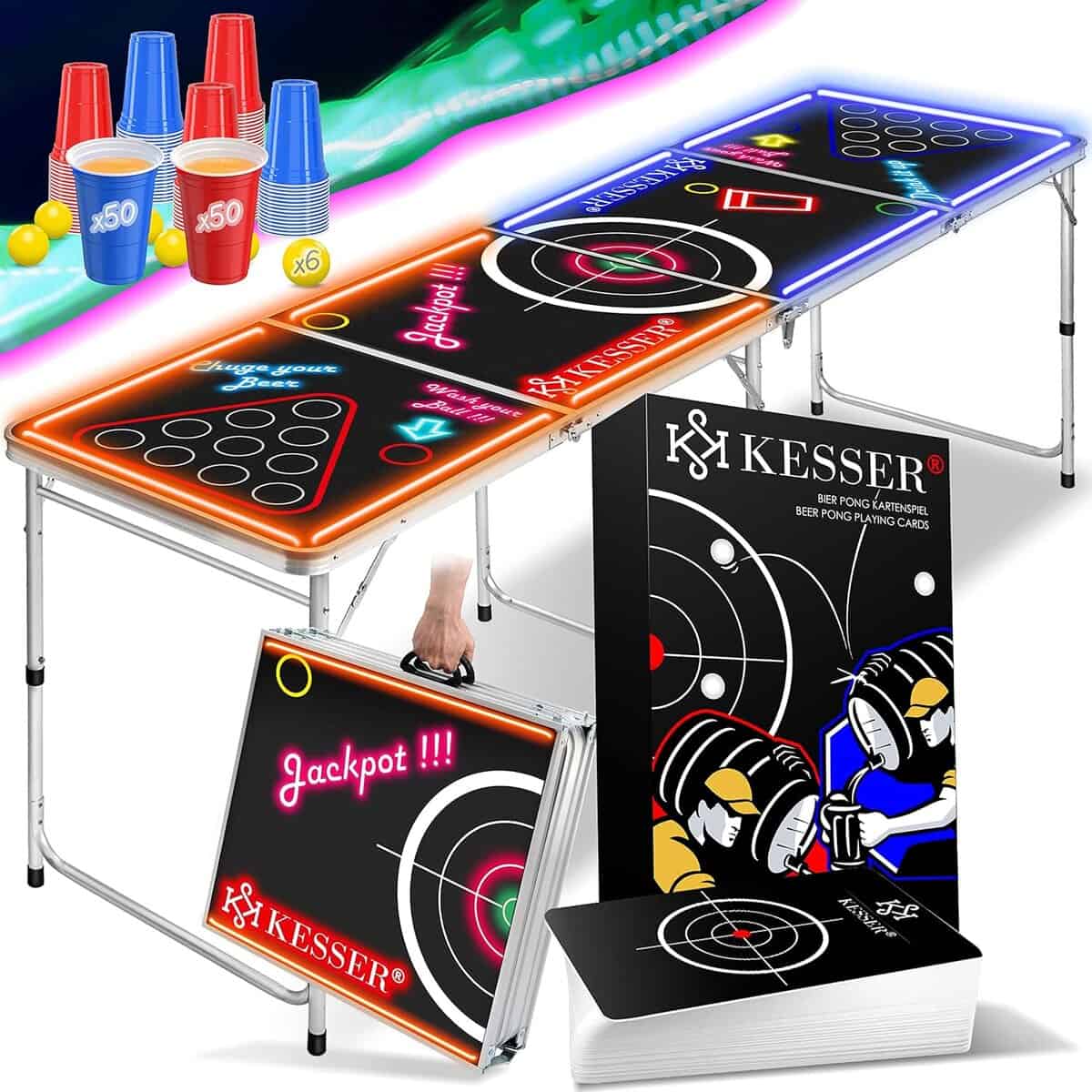 KESSER Beer-Pong-Tisch Set – höhenverstellbar, klappbar, inkl. 100 Becher & 6 Bälle