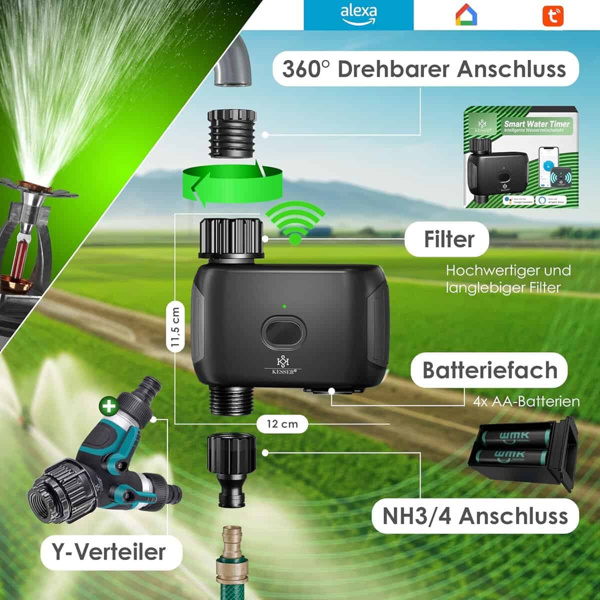 KESSER Bewässerungscomputer WLAN/WiFi – App-Steuerung, Zeitschaltuhr, Sprachsteuerung