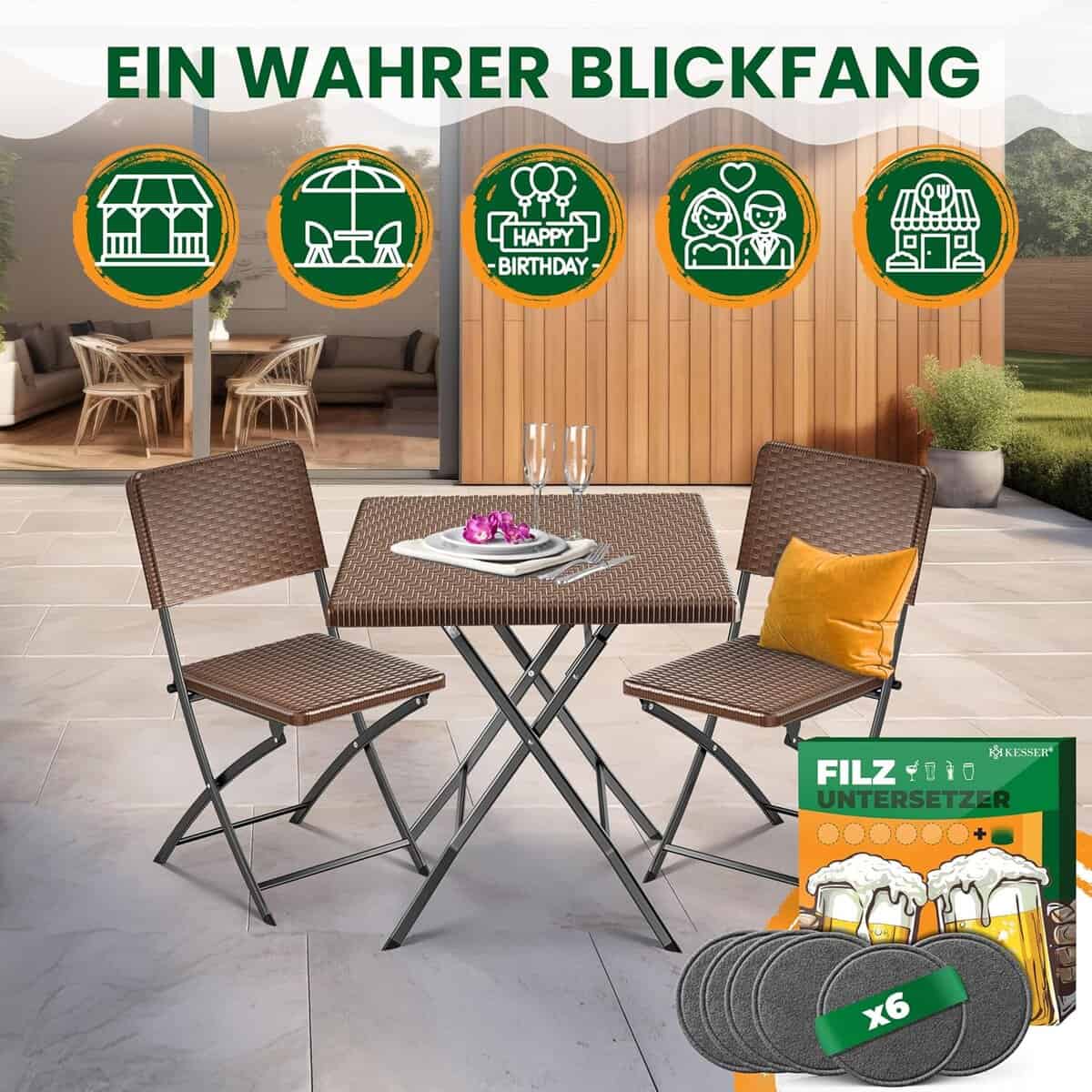 KESSER Bistroset 3-teilig – klappbar, wetterfest – Stahlrahmen, Rattan-Optik