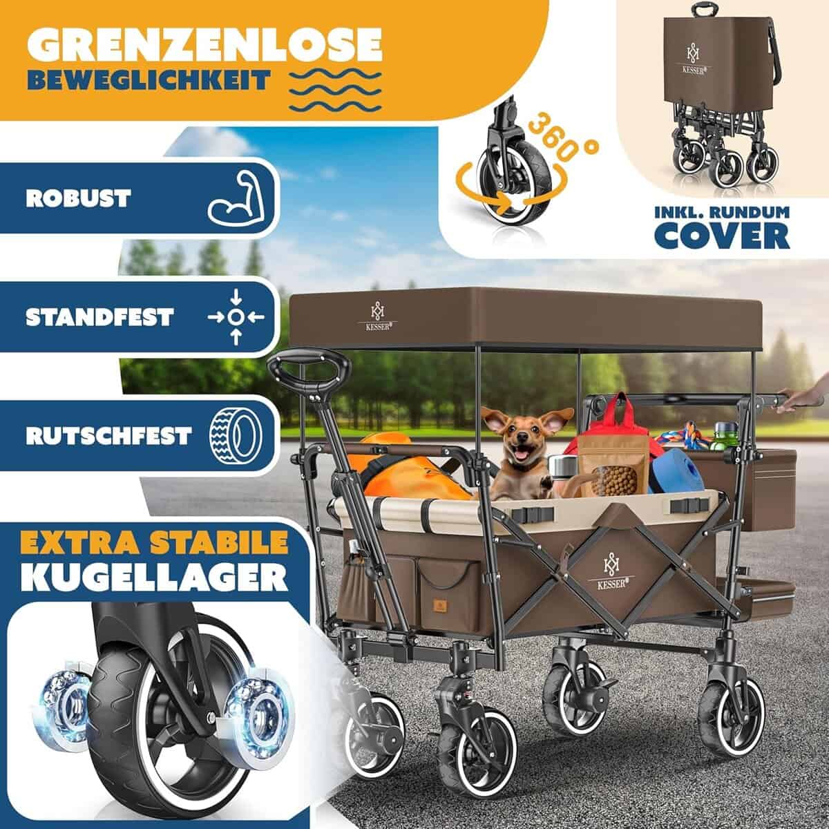 KESSER Bollerwagen faltbar mit Dach, 150 kg Traglast, Hartgummi-Räder, Bremsen vorne/hinten