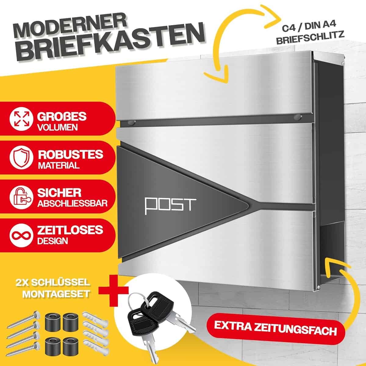KESSER Briefkasten Edelstahl mit Zeitungsfach, abschließbar, inkl. 2 Schlüsseln
