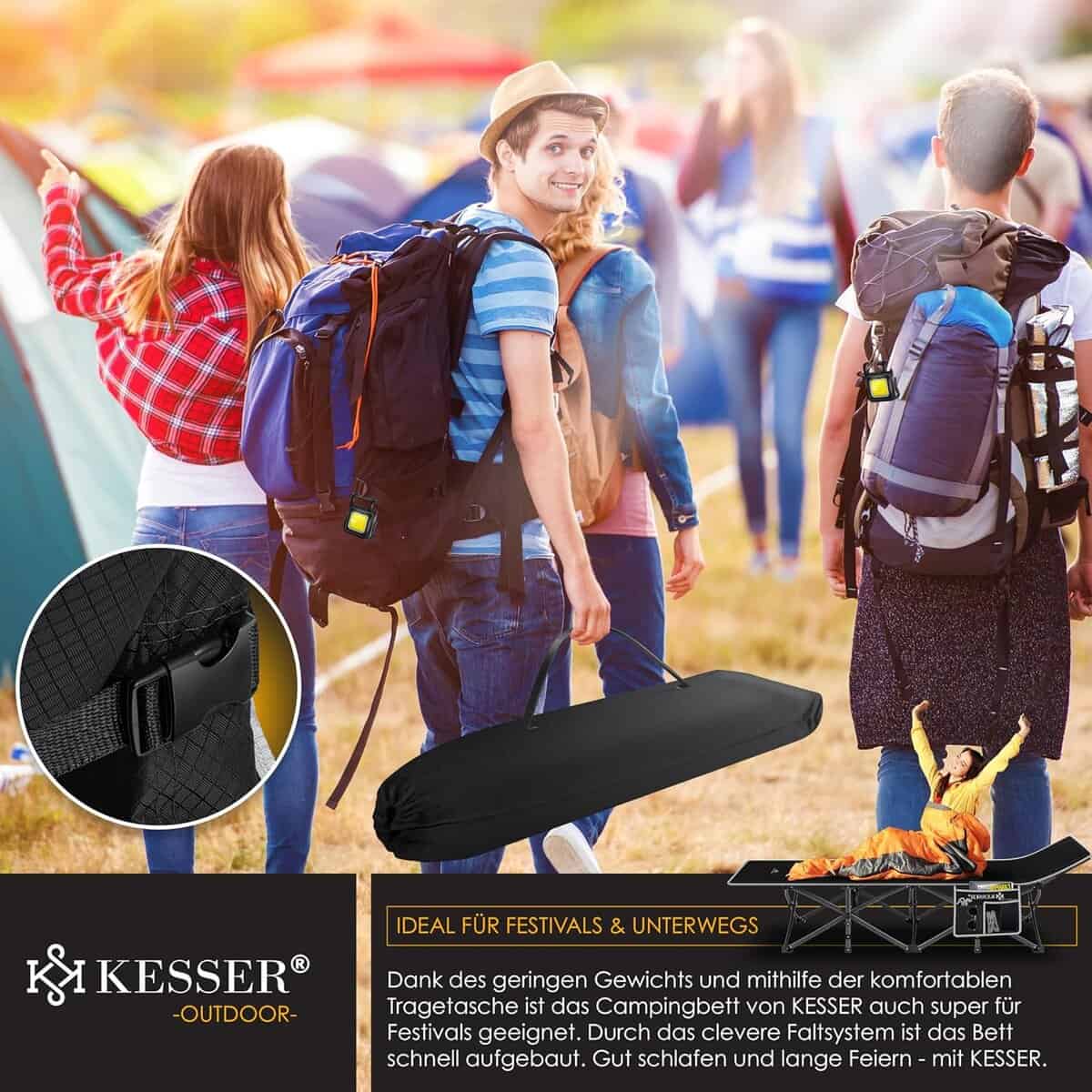 KESSER® Campingbett Feldbett Klappbar Klappbett Campingliege inkl. Tragetasche, Campinglicht + Seitentasche Stabiles Feldbett 250kg Belastbar Metallrohr 600D Oxfordgewebe...