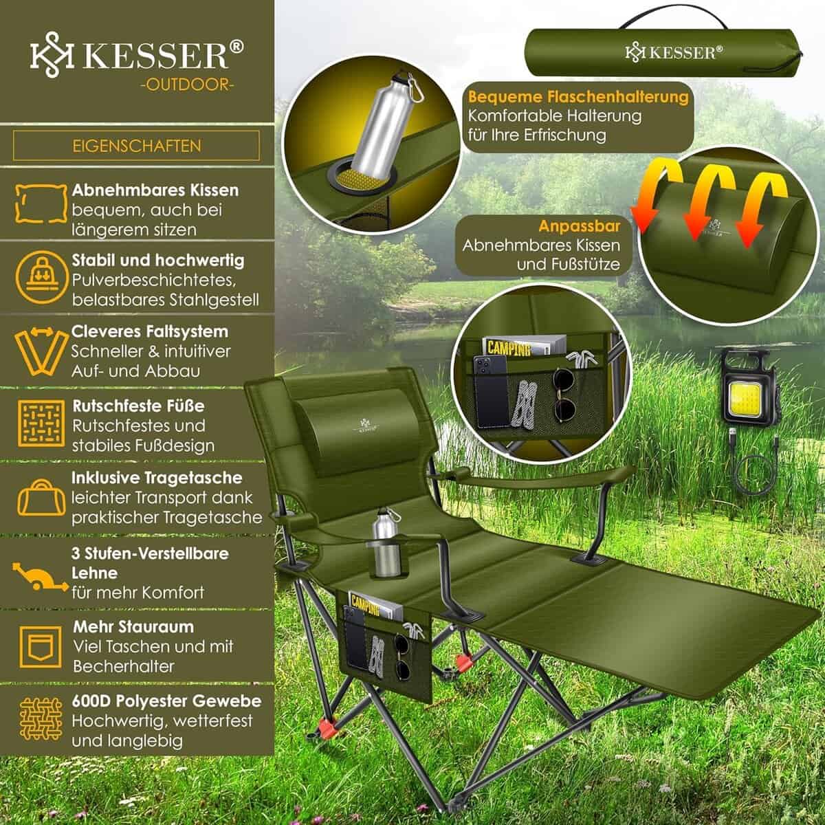KESSER® Campingliege Campingstuhl 2in1 bis 160kg | Feldbett klappbar | Campingbett faltbar extra breit | Campinglicht & Getränkehalter + Aufbewahrungstasche & Transporttasche |...