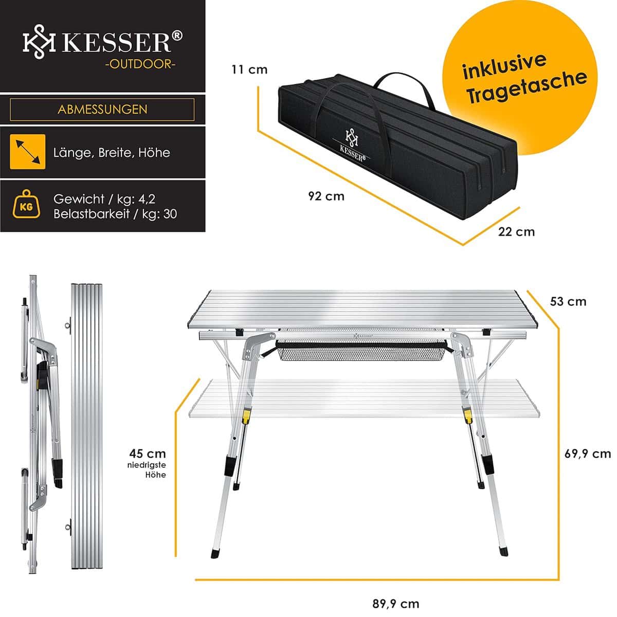 KESSER Campingtisch klappbar – Aluminiumrahmen, höhenverstellbar, 90×53 cm, bis 30 kg