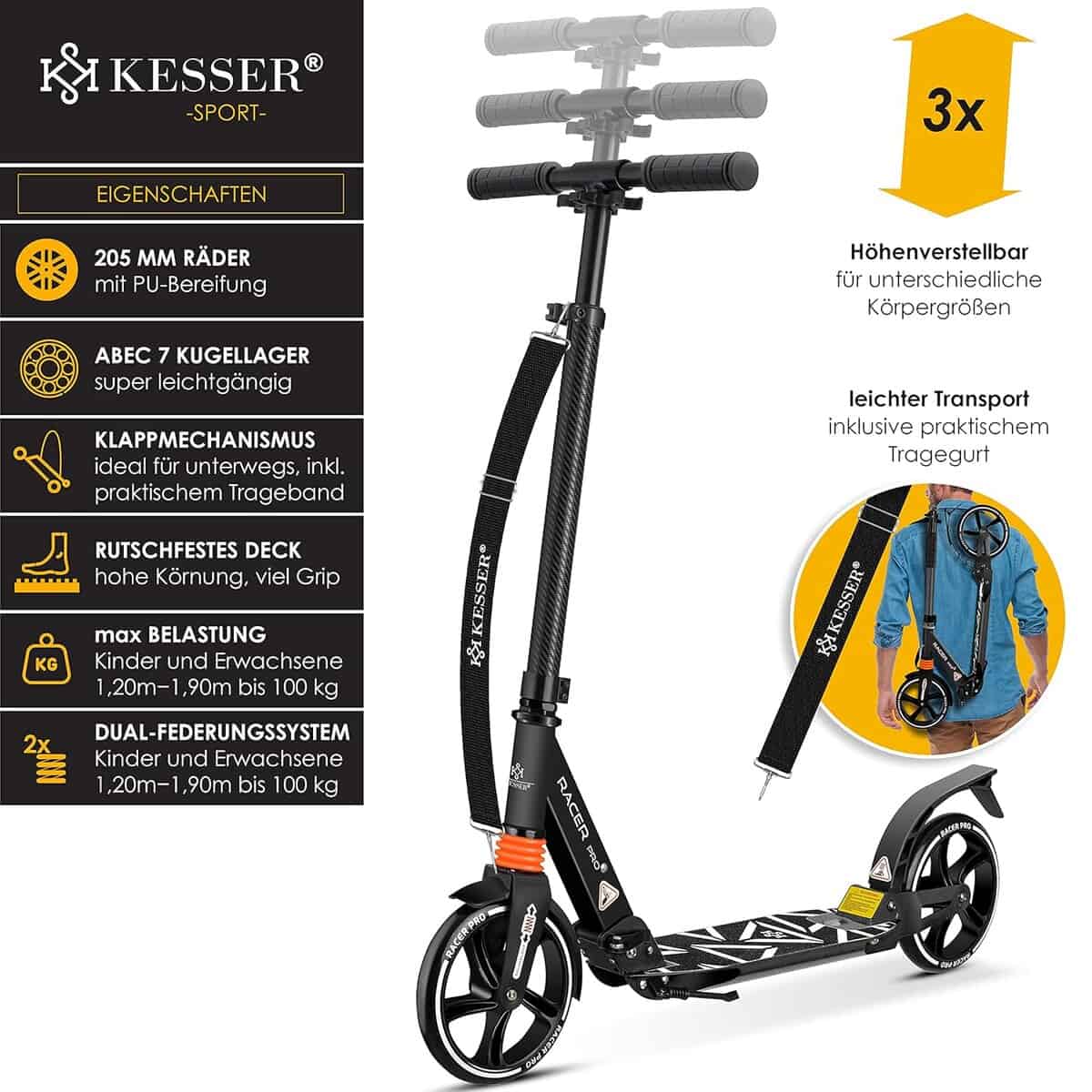 KESSER Cityroller Scooter – 205 mm PU-Räder, klappbar, höhenverstellbar, Doppel-Federung