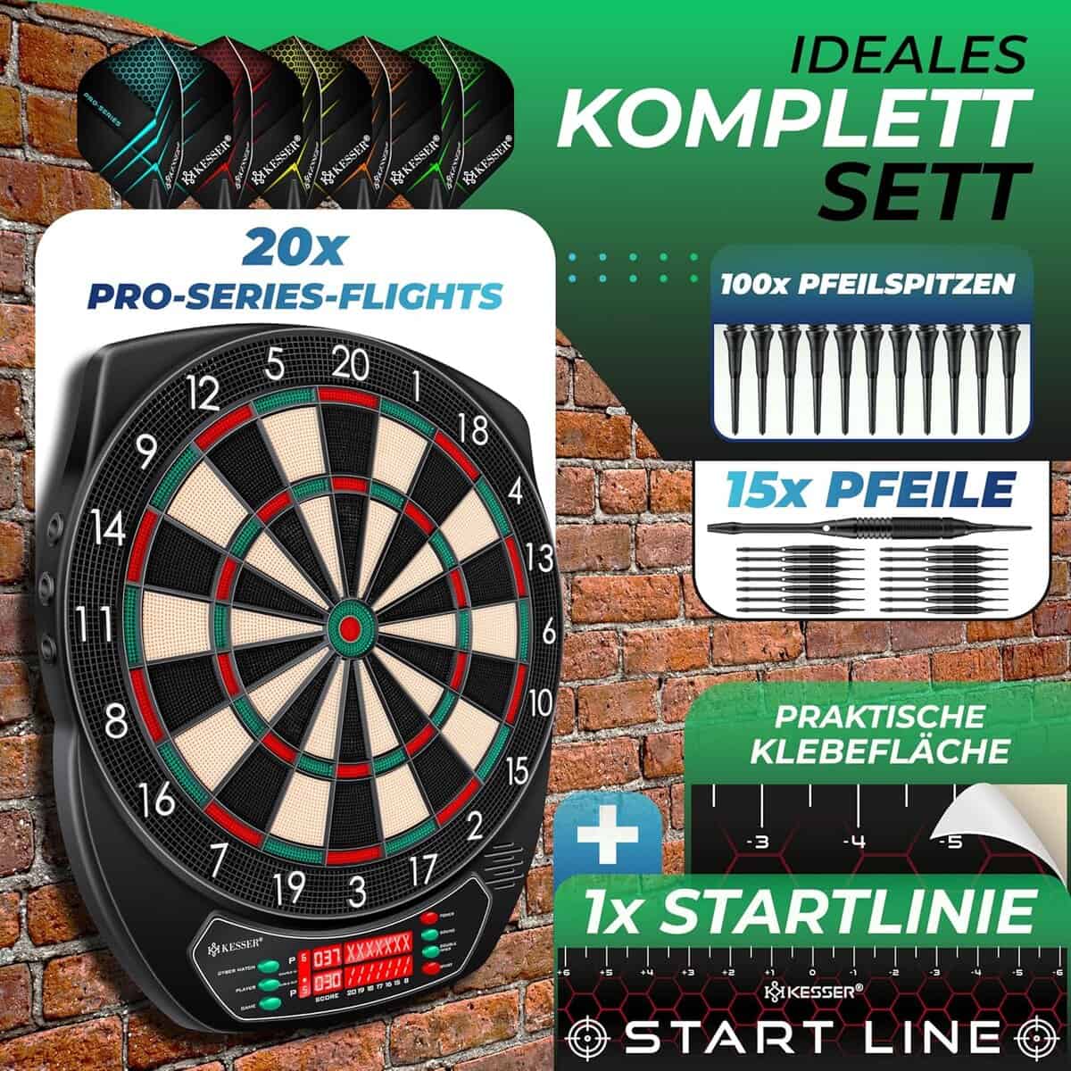 KESSER Elektronische Dartscheibe – Profi E-Dartboard, 1–8 Spieler, 15 Pfeile, 100 Spitzen