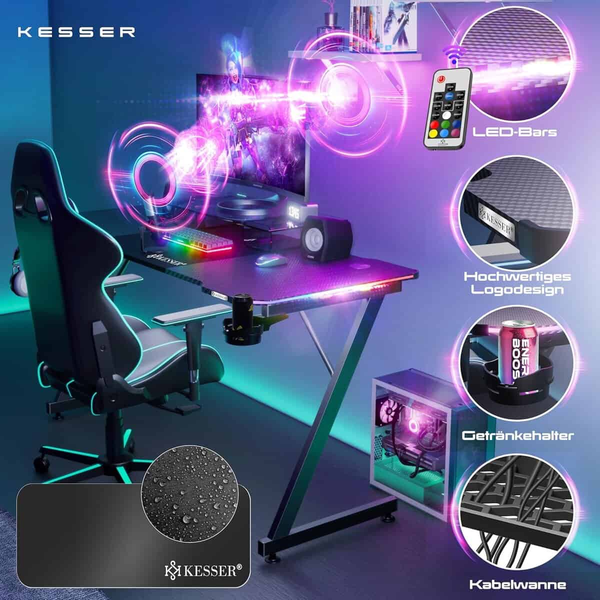 KESSER Gaming Tisch 140x60 cm – Z-Form, LED-Beleuchtung, stabil mit Getränkehalter