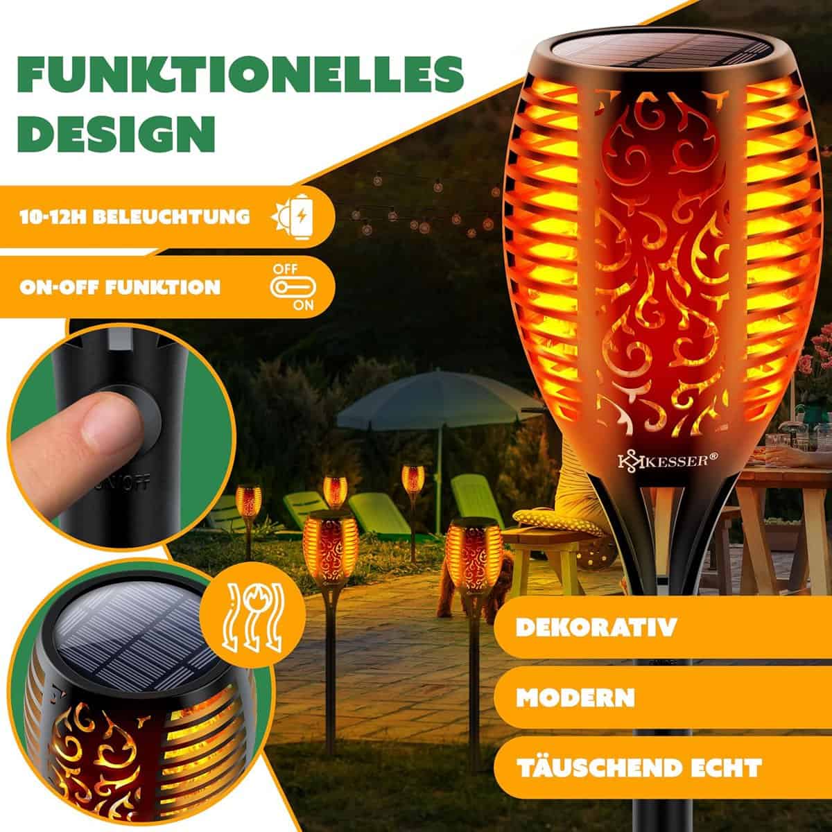 KESSER Gartenfackel Solar 6er Set – 96-LED Flammenlicht, wetterfest, mit Erdspieß & Wandhalterung