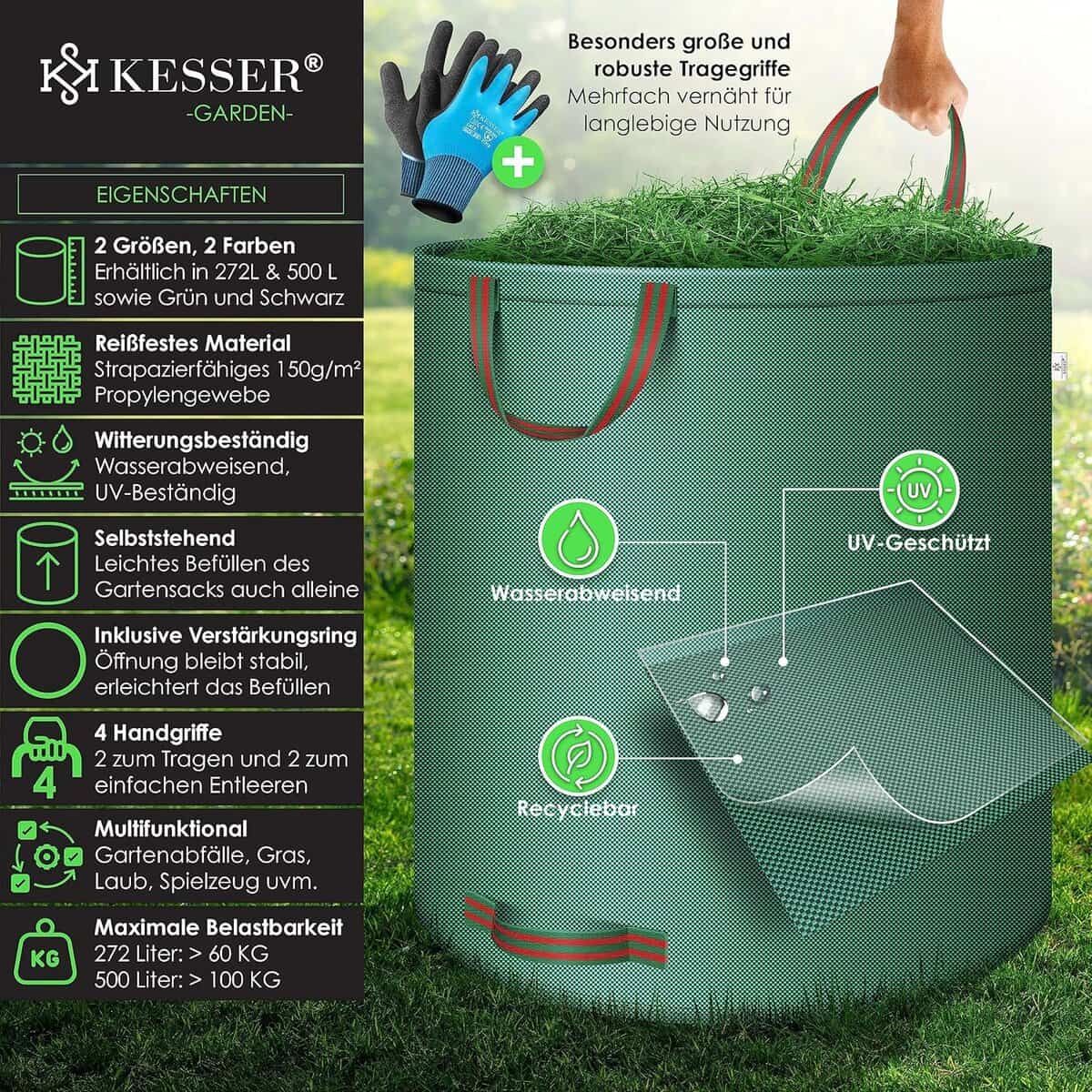KESSER® Gartensack 4x 500L Set Laubsack Gartenabfallsack inkl. Handschuhe - Selbststehend 4 Griffe Stabil Robust & Faltbar - Laubsäcke Rasenschnitt Gartensäcke für Gartenabfälle...
