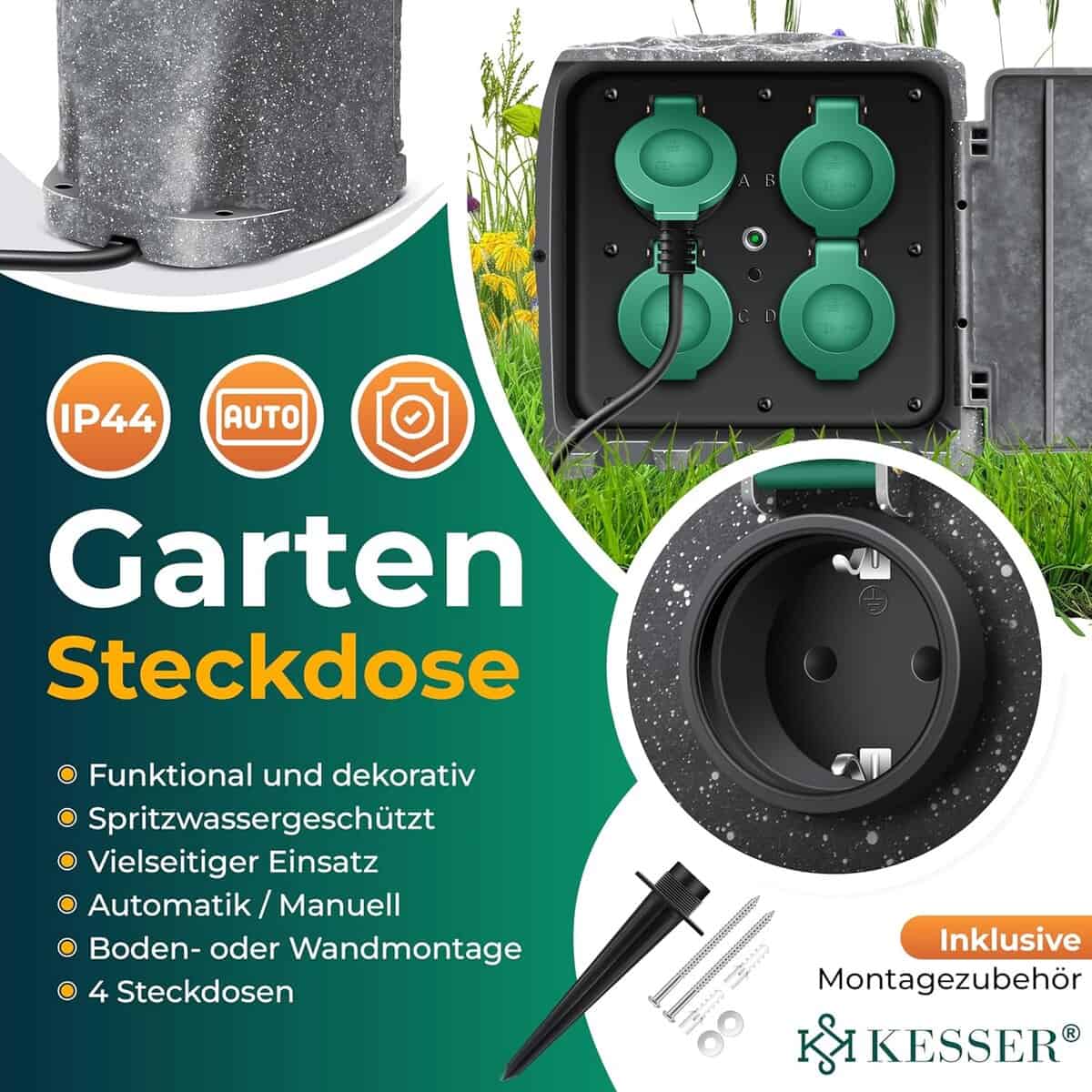 KESSER Gartensteckdose Steinoptik 4-fach, WiFi App-Steuerung, 3m Kabel