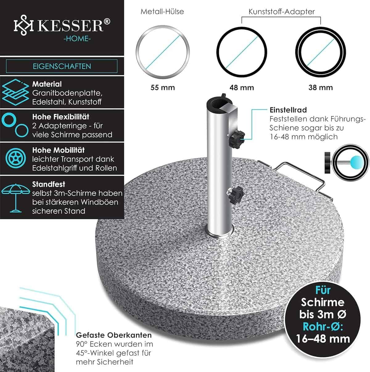 KESSER® Granit Sonnenschirmständer mit Edelstahlrohr, Hochwertiger Schirmständer Rund Sockel 30KG - für Schirmstöcke bis 16-48 mm, Inkl. Transport Griff Garten...