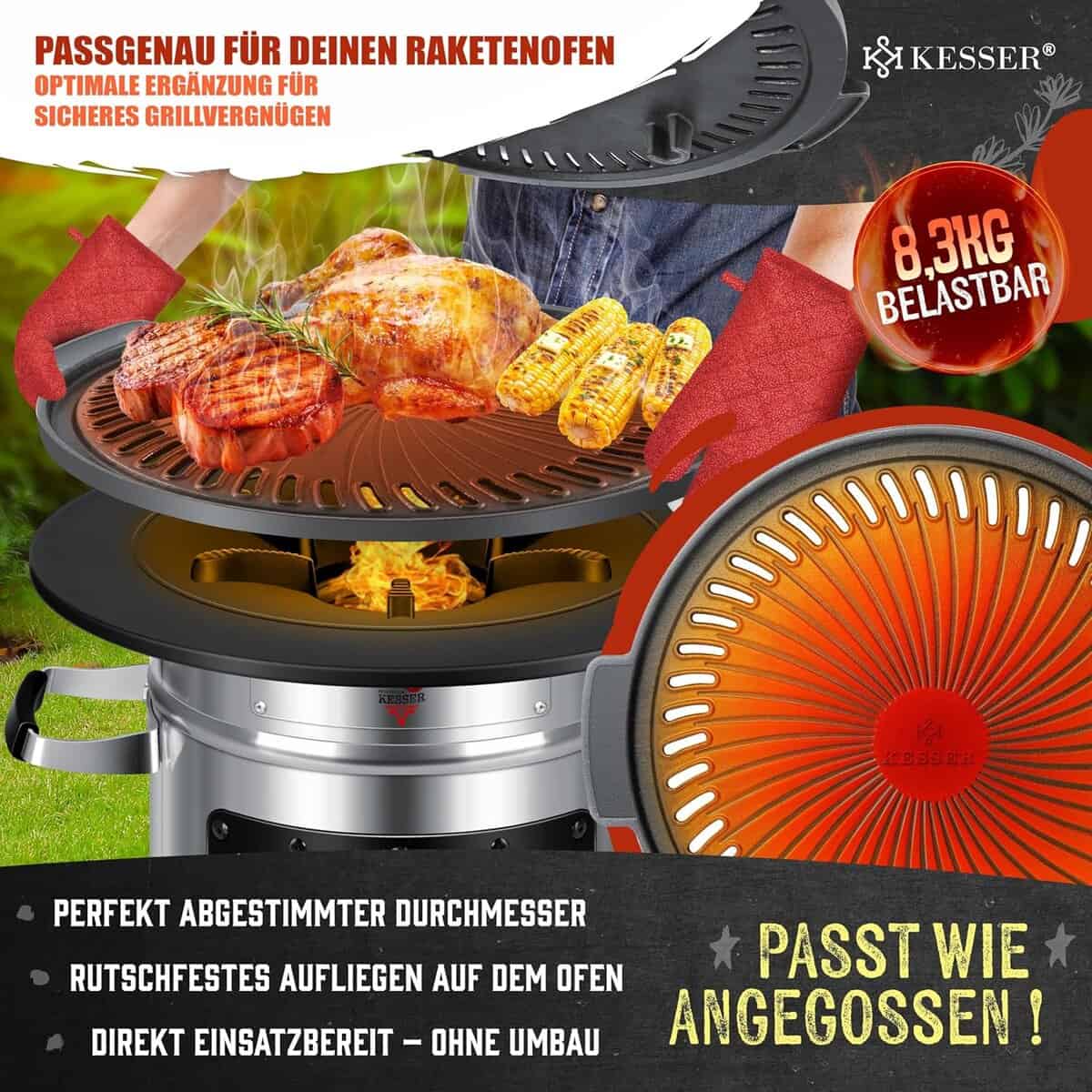 KESSER Grillplatte aus Gusseisen für Raketenofen – BBQ-Platte, leicht zu reinigen, ideal für Fleisch