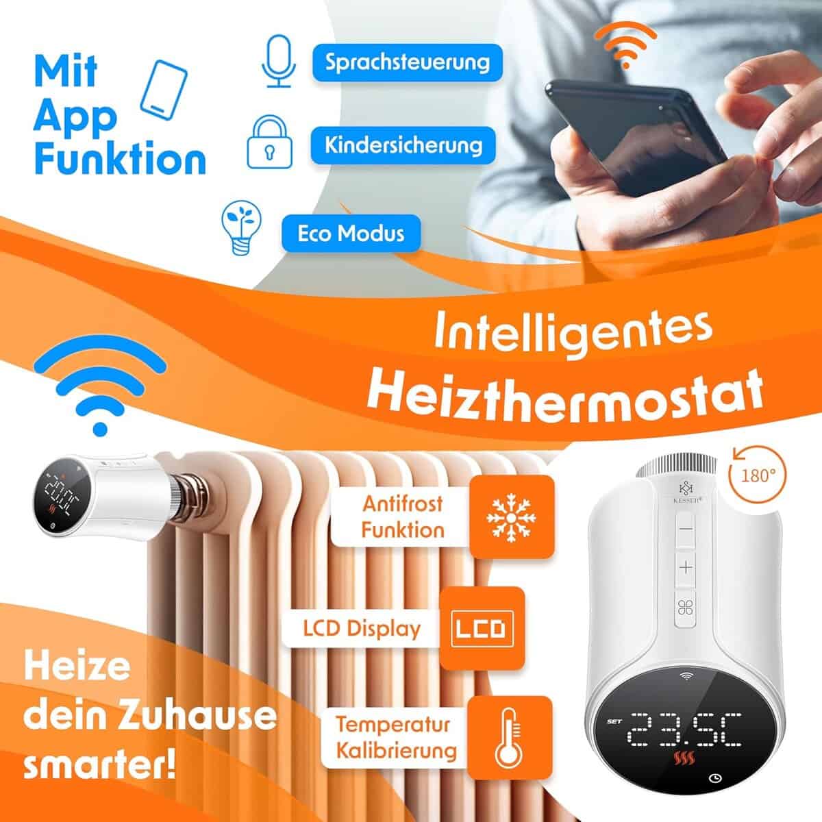 KESSER Heizkörperthermostat WiFi | App-Steuerung | Alexa/Google | Set mit 6 Ventilen