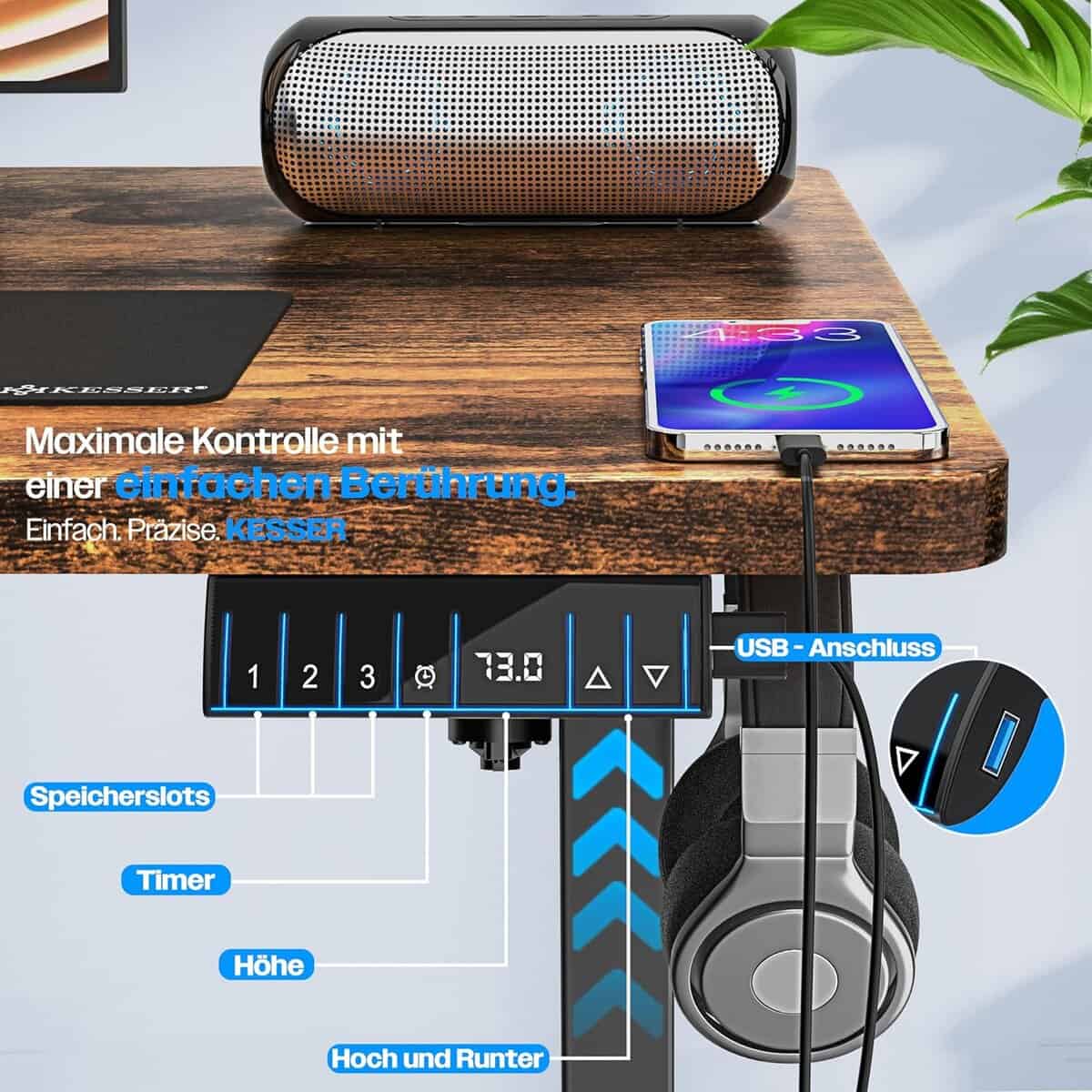 KESSER® Höhenverstellbarer Schreibtisch elektrisch 180cm x 80cm | Ergonomisch Steh-Sitz Schreibtisch | 3-Funktions-Memory Steuerung | Inkl. 360° Rollen & USB-Ladeanschluss...