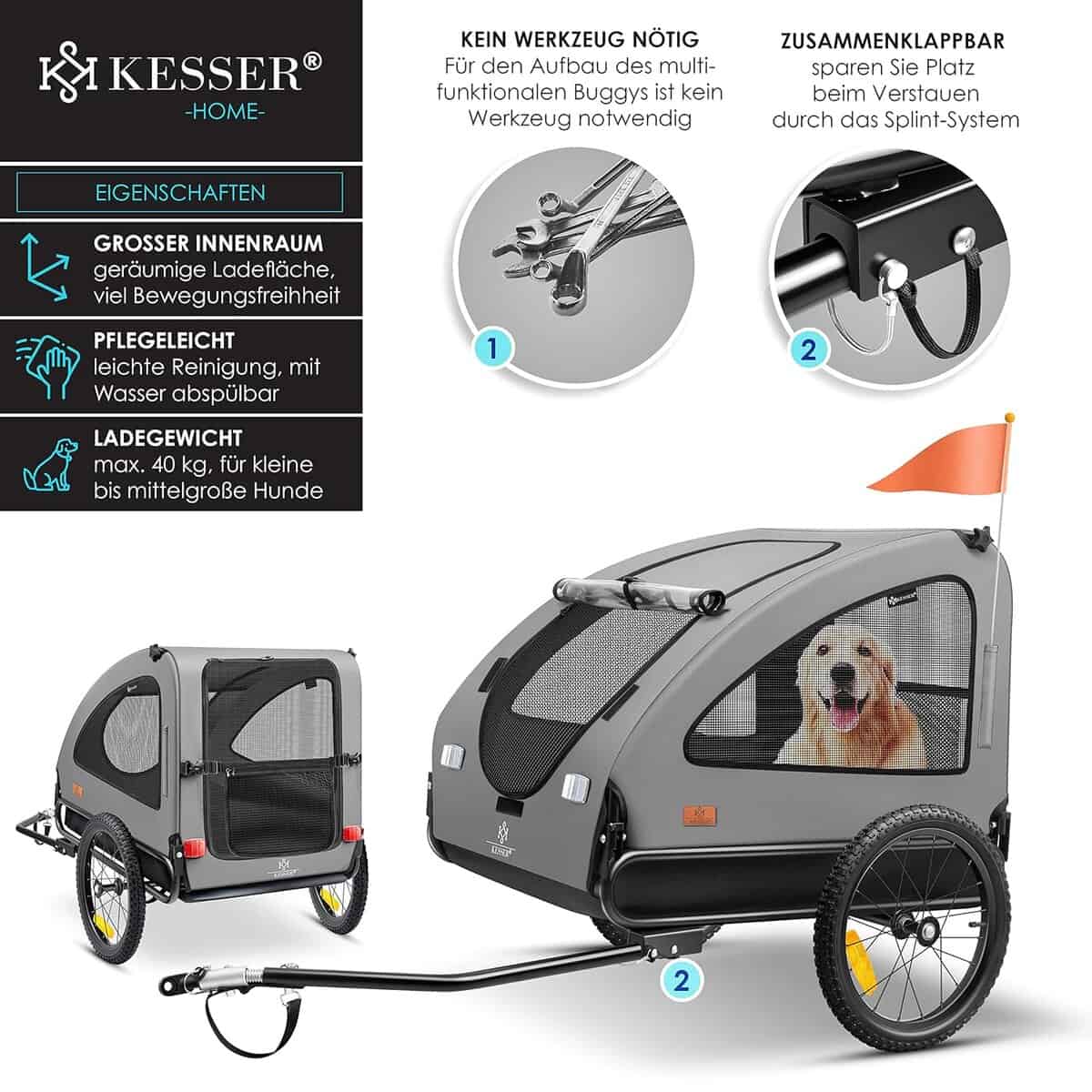 KESSER® Hundeanhänger Boxer 2-in-1 Hundebuggy Fahrradanhänger groß ca. 250L Volumen - Inkl. Fahne und Tasche - 600D Oxford Canvas, Klappbar SmartSpace Concept, max. 45kg