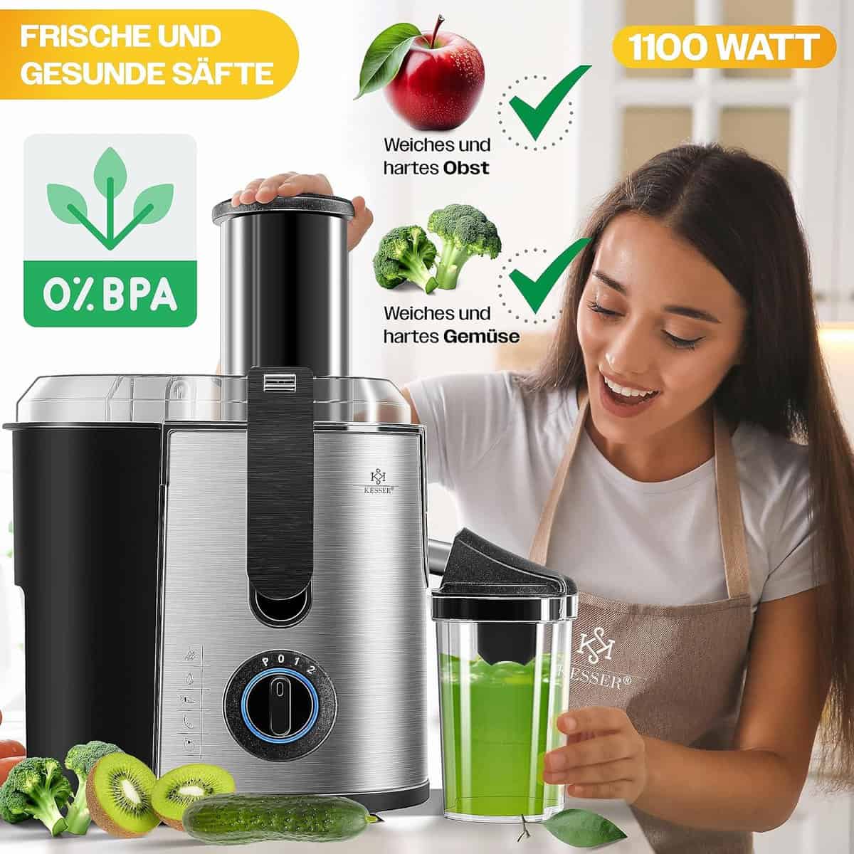 KESSER® juicer for fruit and vegetables made of stainless steel 1100W large 85 mm filling opening incl. Juicer Juicer Cleaning Brush and Juice Container 3 Speed Levels