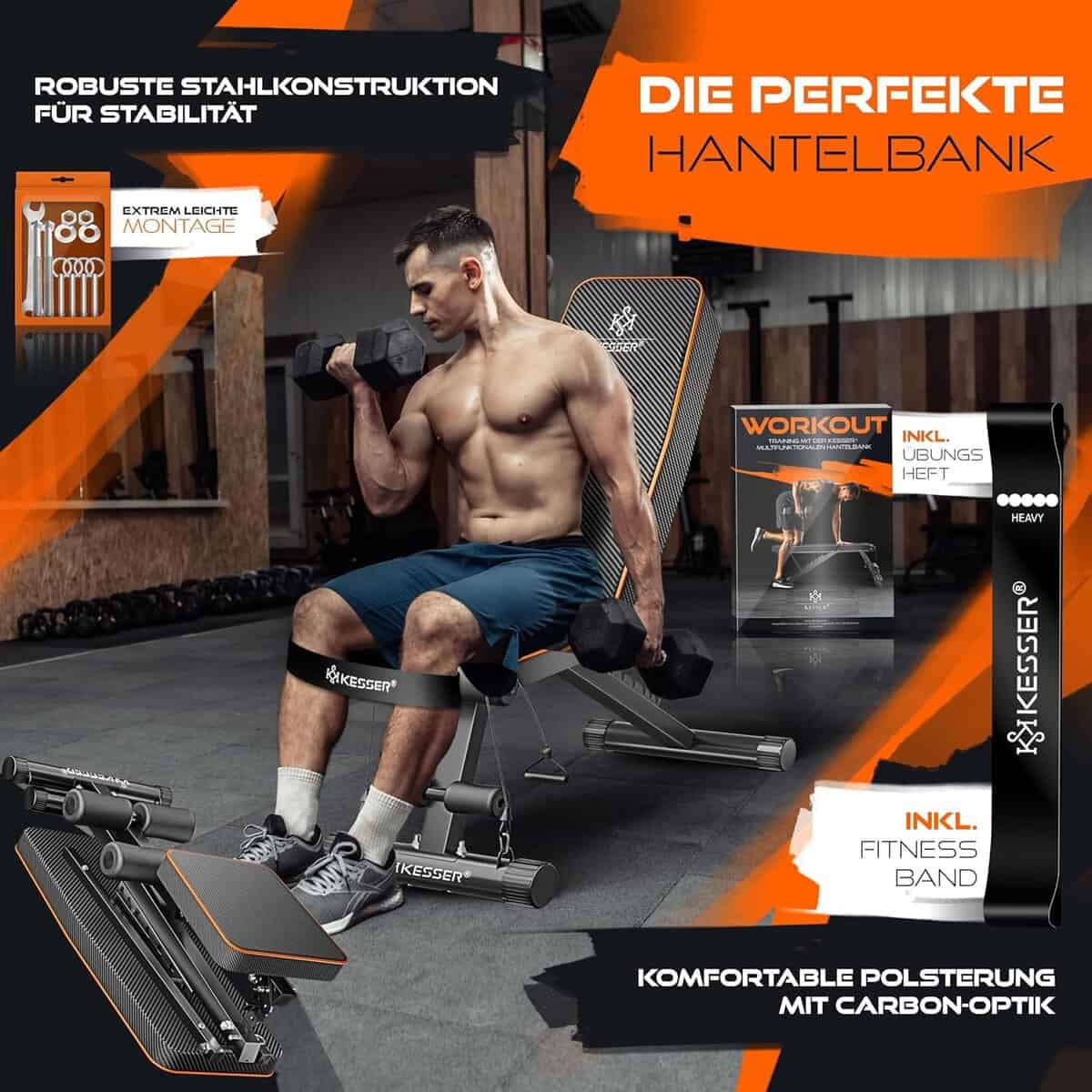 KESSER® Klappbare Hantelbank Multifunktionale Trainingsbank mit Rückenlehne 500kg Belastbarkeit | verstellbare Bank Fitnessgerät zum Bankdrücken | Ganzkörpertraining Schrägbank...