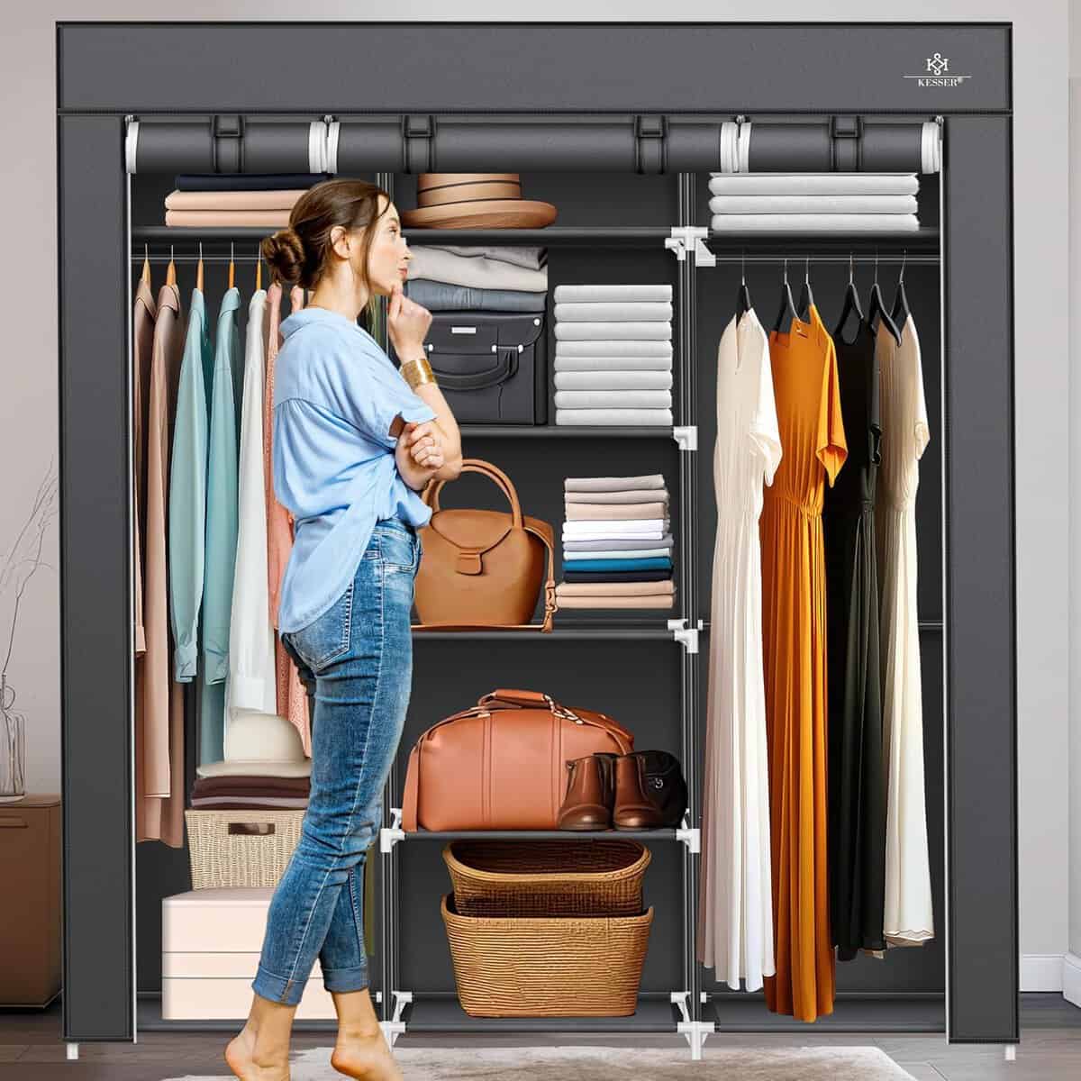KESSER® Kleiderschrank Stoffschrank Stabil mit Kleiderstange & Ablagen, Inkl. 5X Kleiderbügel, Stoff Faltschrank für Schlafzimmer, Ankleidezimmer Garderobe mit Kleiderständer...