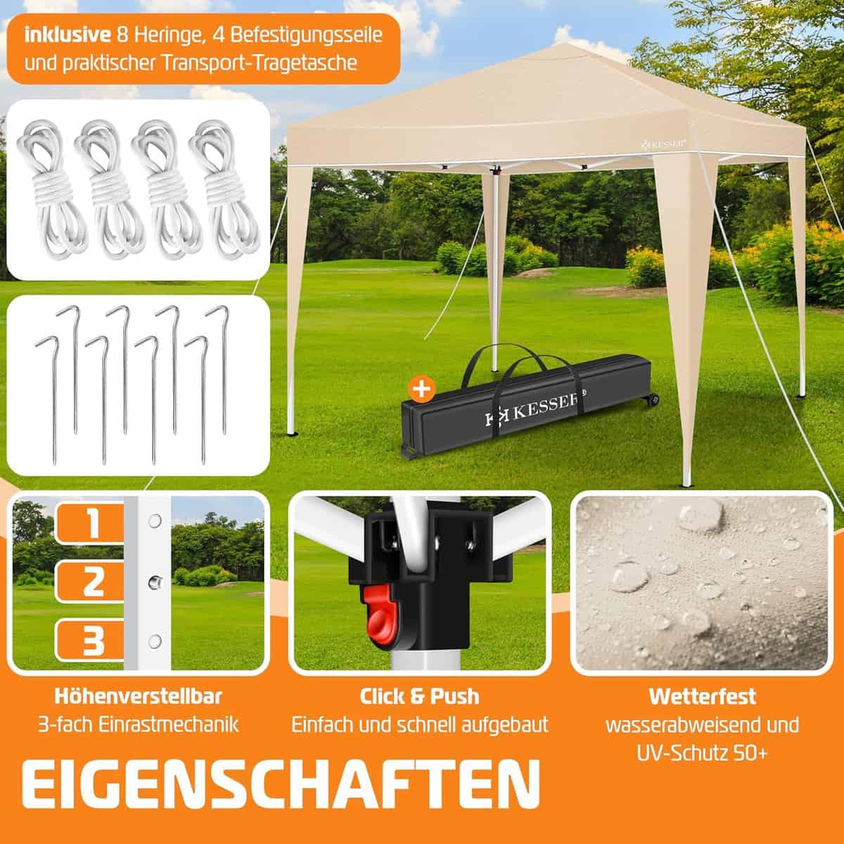 KESSER Pavillon 3x3 m Pop-Up – wasserdicht, höhenverstellbar, UV 50+
