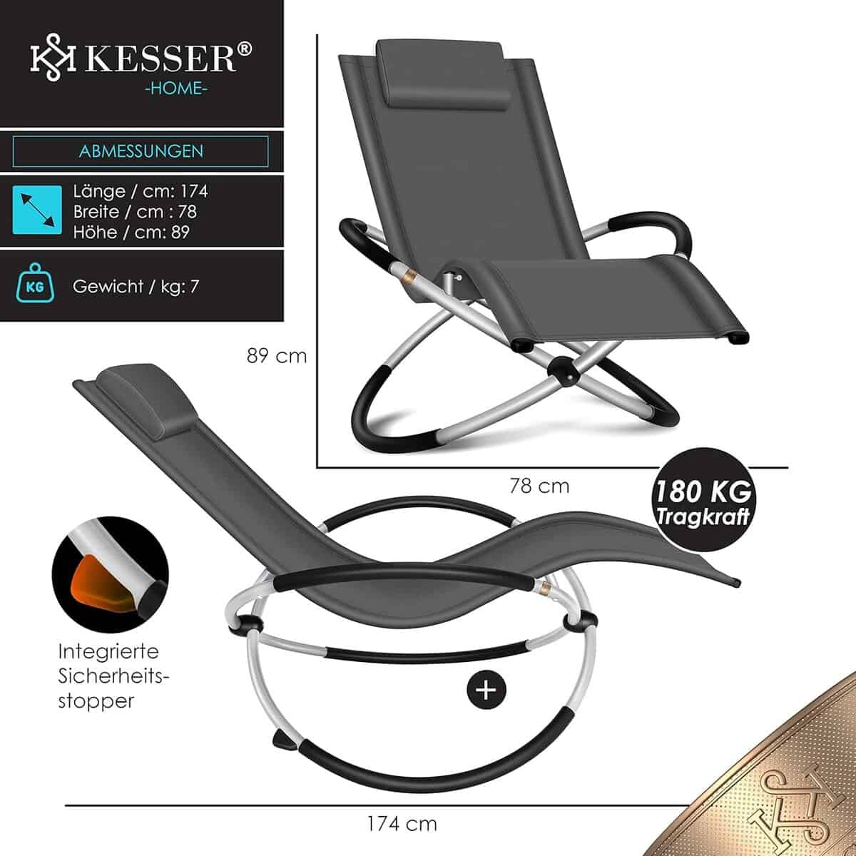 KESSER® Relaxliege Liegestuhl | Gartenliege Sonnenliege | Gartenstuhl | Klappstuhl faltbar | Schwungliege | Schaukelsessel | ergonomische Relaxsessel | wetterfest | 180 kg...